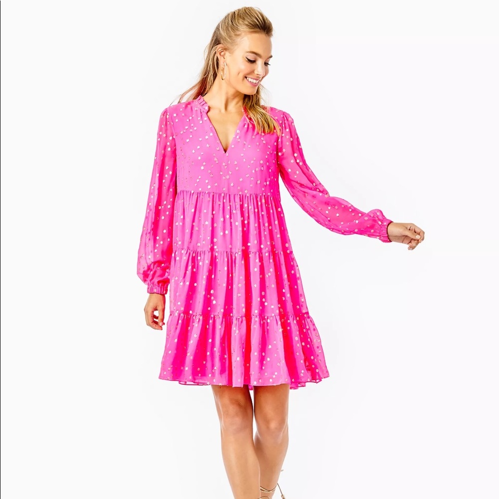 Lilly Pulitzer Hot Pink Tiered Long-Sleeve V-Neck Dress with Gold Dots